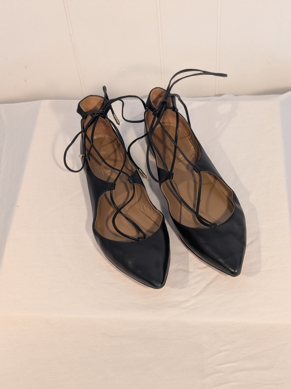 Aquazzura Black Pointed-Toe Lace-Up Flats